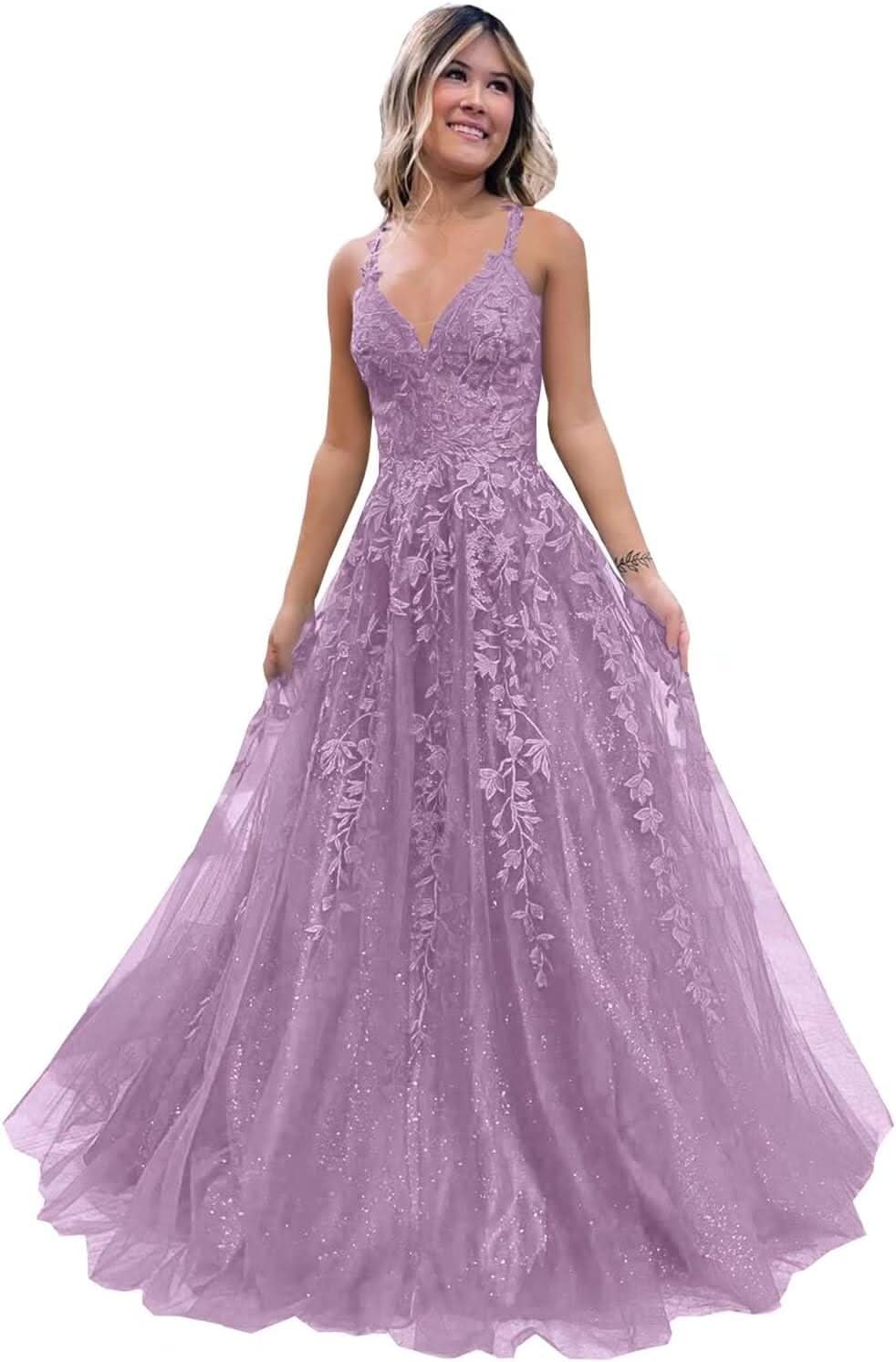 Tulle Lace Appliques Sparkly Prom Dresses A Line with Slit V Neck Formal Party Dress