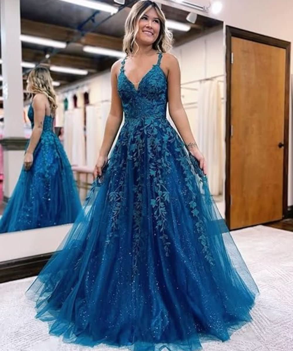 Tulle Lace Appliques Sparkly Prom Dresses A Line with Slit V Neck Formal Party Dress