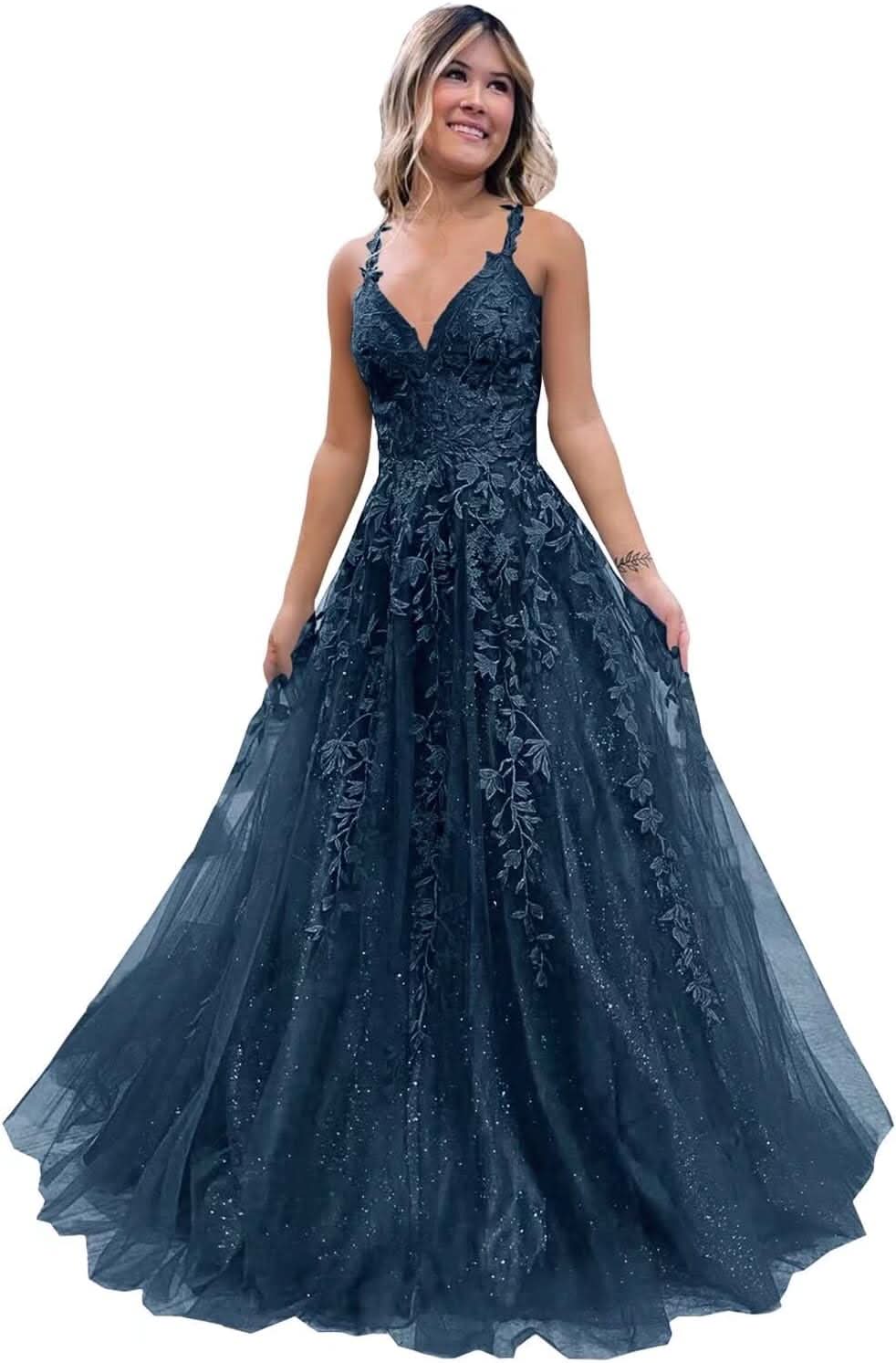Tulle Lace Appliques Sparkly Prom Dresses A Line with Slit V Neck Formal Party Dress