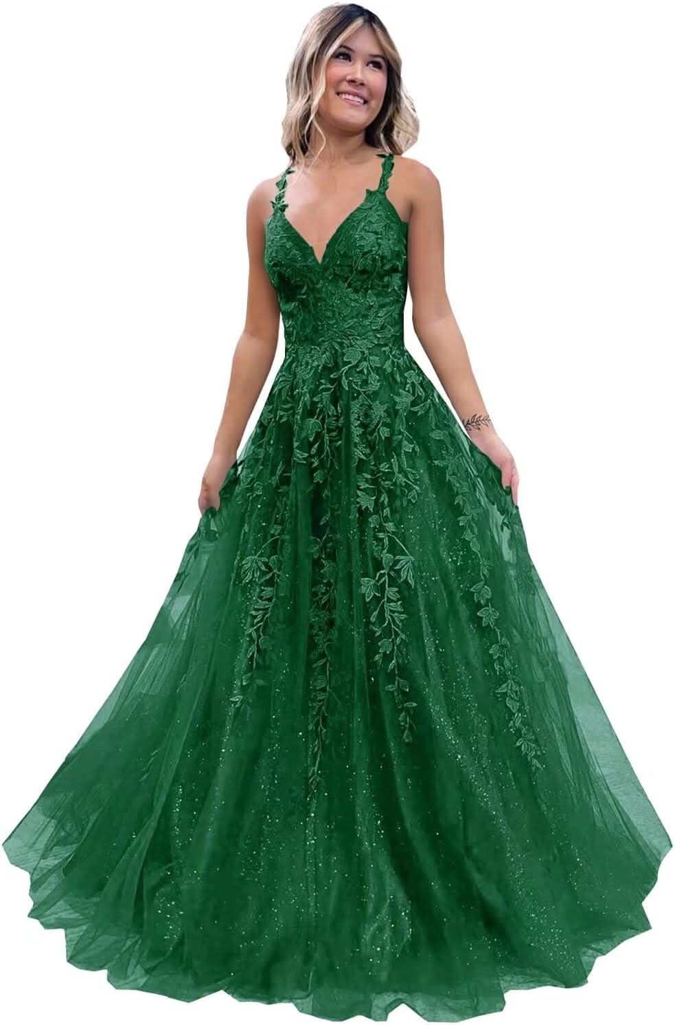 Tulle Lace Appliques Sparkly Prom Dresses A Line with Slit V Neck Formal Party Dress