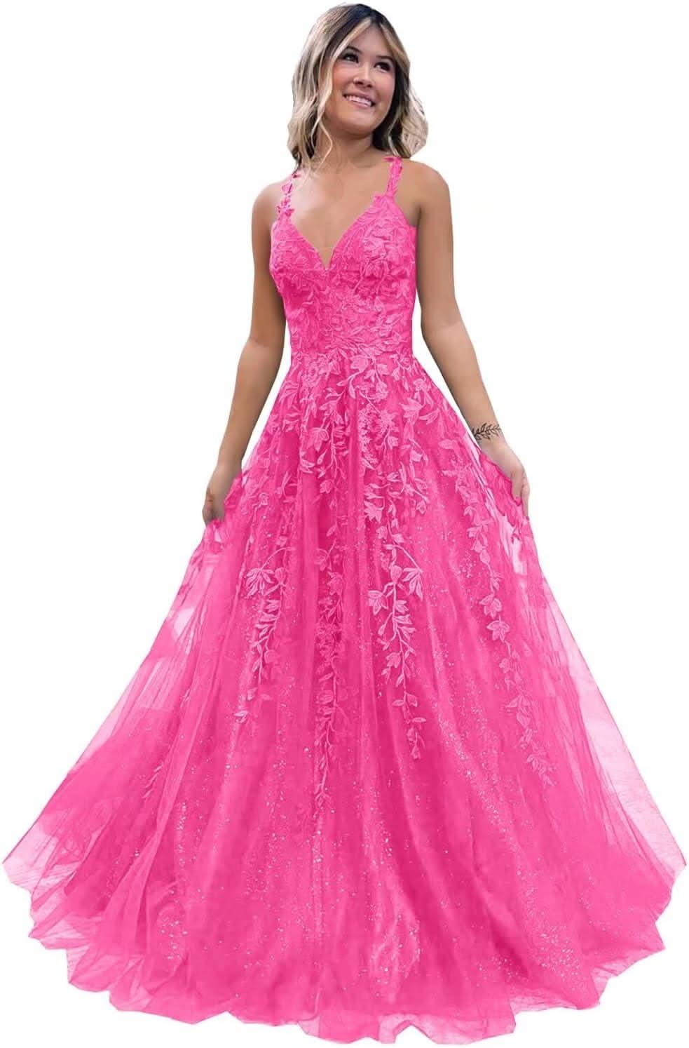 Tulle Lace Appliques Sparkly Prom Dresses A Line with Slit V Neck Formal Party Dress
