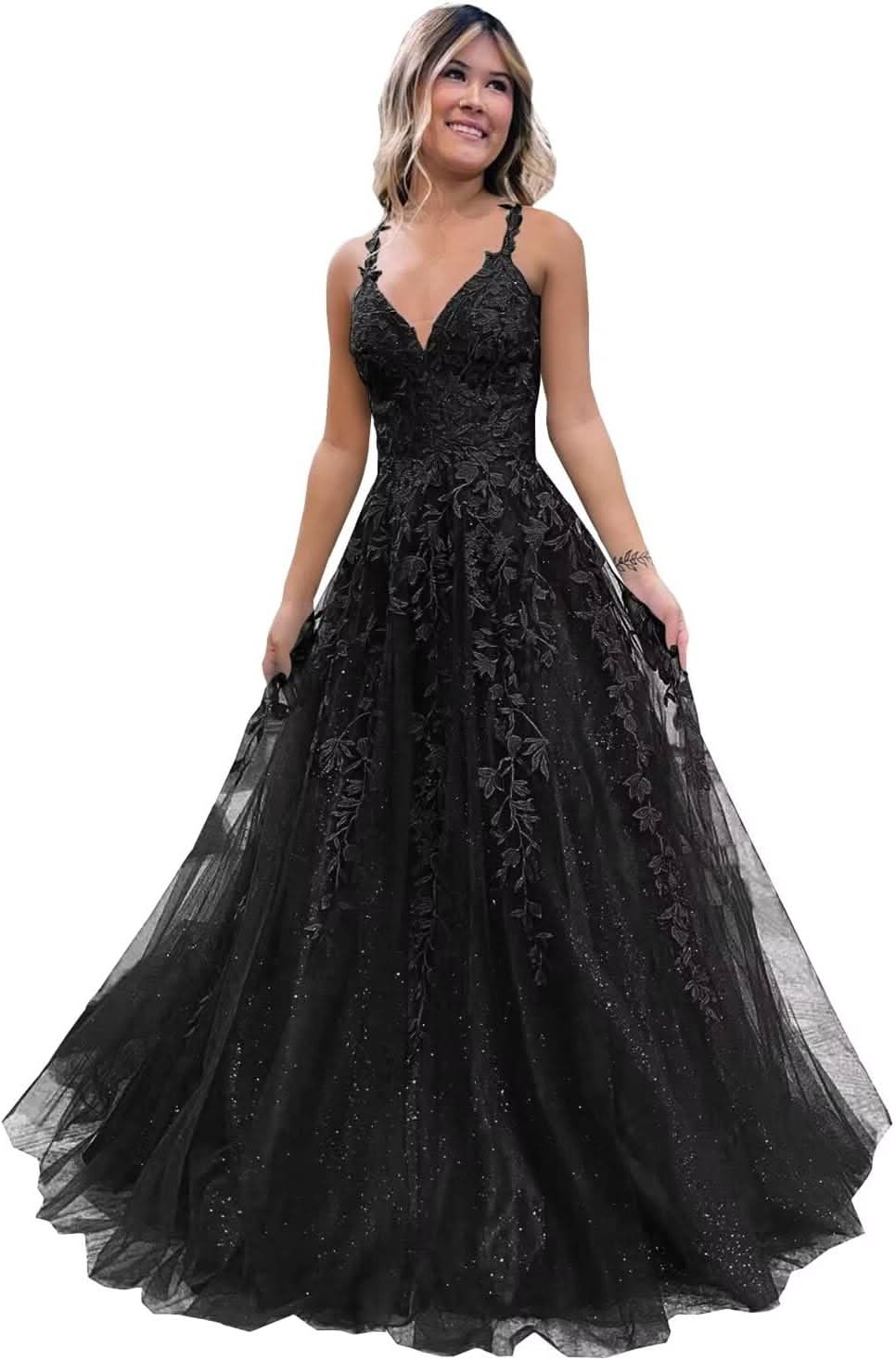 Tulle Lace Appliques Sparkly Prom Dresses A Line with Slit V Neck Formal Party Dress