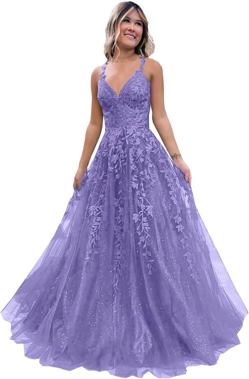 Tulle Lace Appliques Sparkly Prom Dresses A Line with Slit V Neck Formal Party Dress