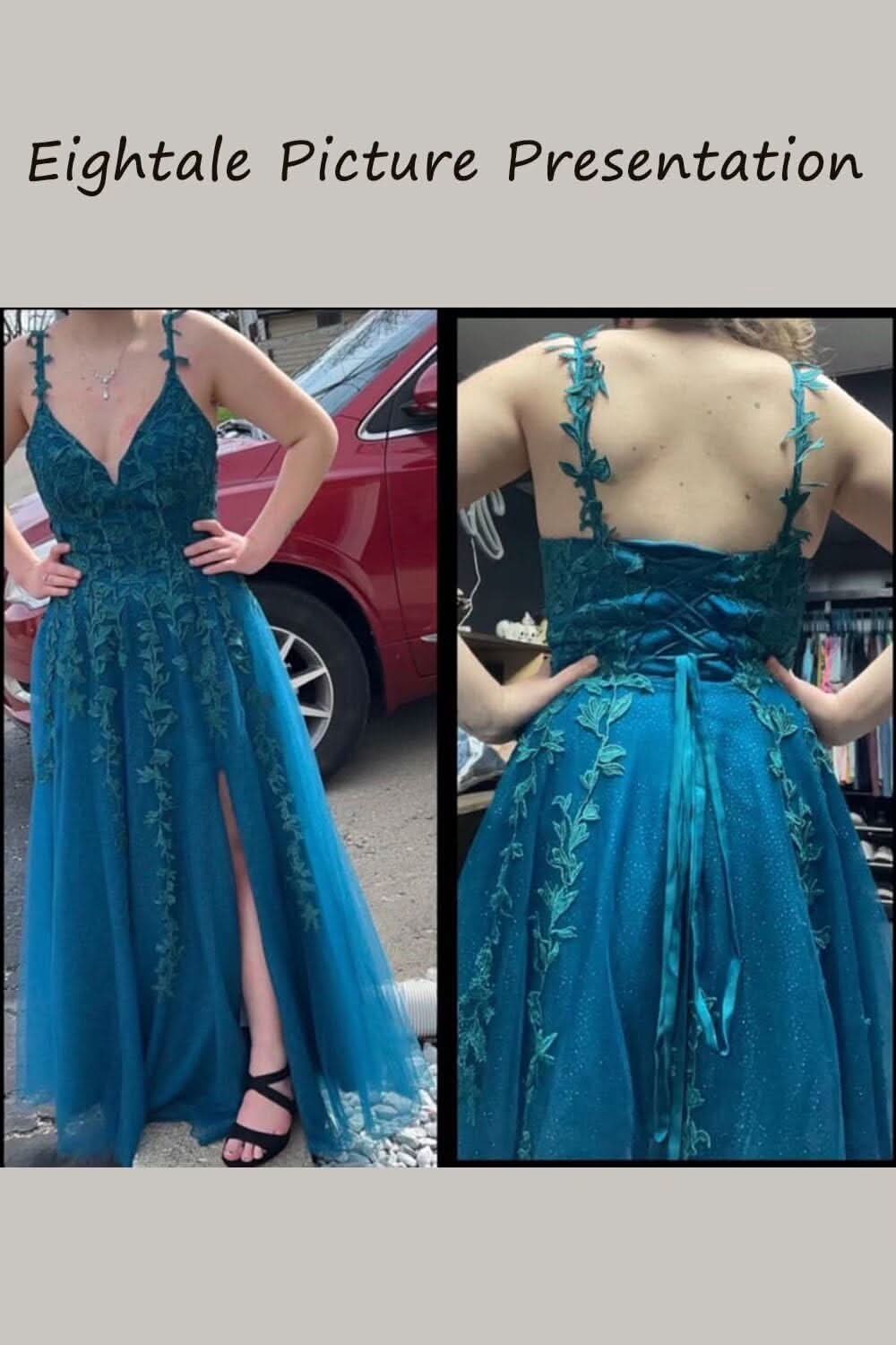 Tulle Lace Appliques Sparkly Prom Dresses A Line with Slit V Neck Formal Party Dress